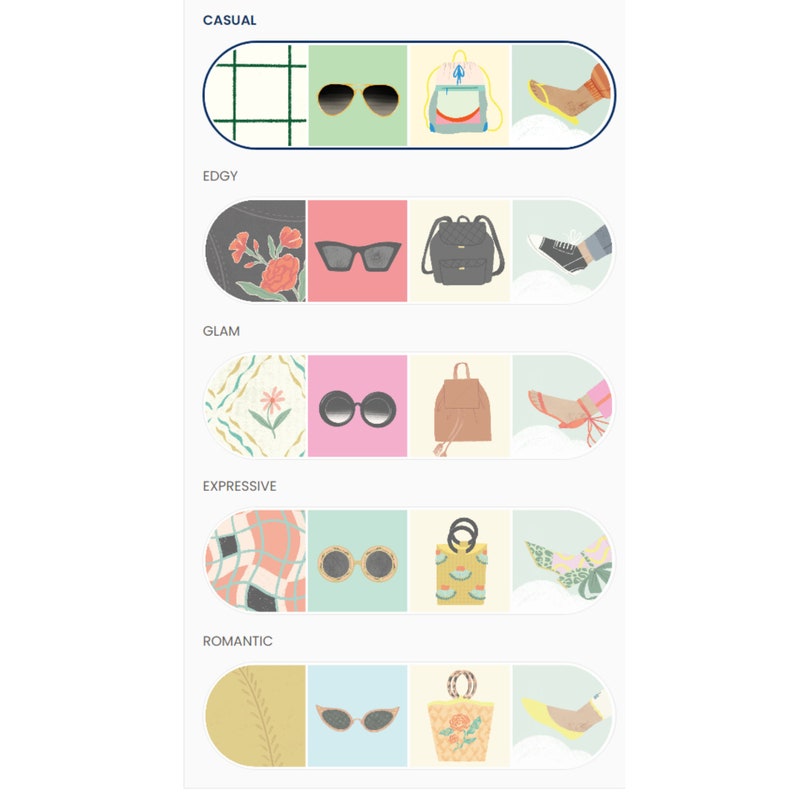 May include: A graphic showing five different styles of fashion, each with a pattern, sunglasses, a bag, and shoes. The styles are Casual, Edgy, Glam, Expressive, and Romantic.