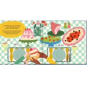May include: A colorful illustration of a family gathering around a table set for a holiday meal. The table is covered in a checkered tablecloth and features a variety of dishes, including a cake, salad, and a casserole. The illustration is in a whimsical style with bright colors and bold lines.