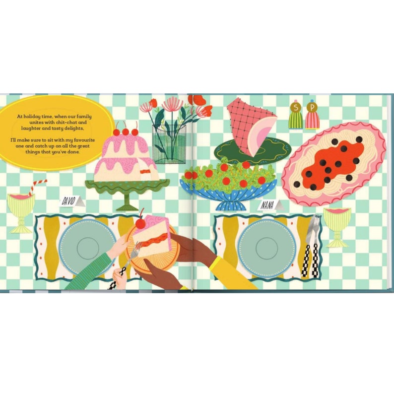 May include: A colorful illustration of a family gathering around a table set for a holiday meal. The table is covered in a checkered tablecloth and features a variety of dishes, including a cake, salad, and a casserole. The illustration is in a whimsical style with bright colors and bold lines.