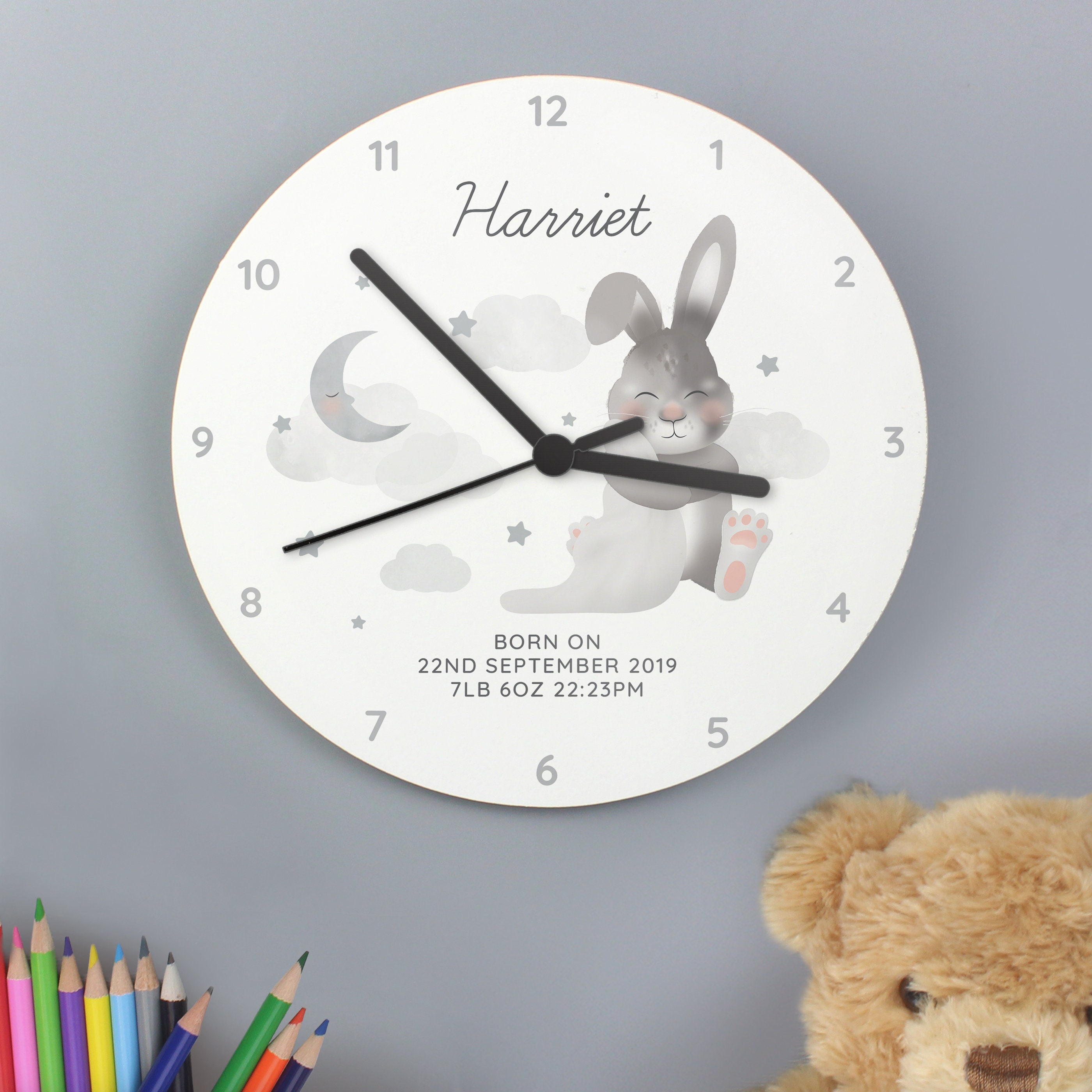 Personalised Children's Clock. Baby Bunny White Wooden | Etsy