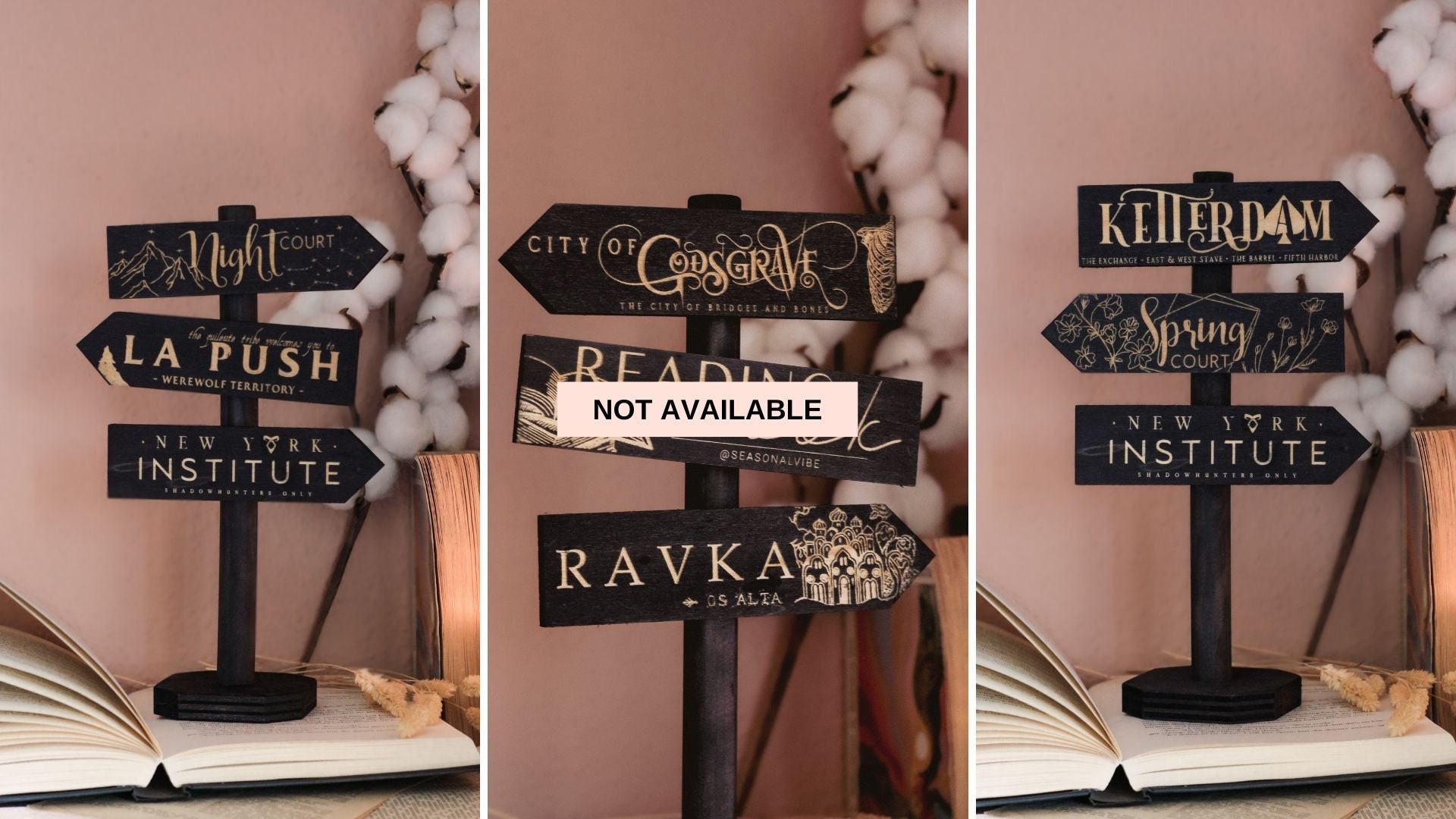 Standing Wooden Signposts, laser engraved, literary places inspired by literature: ACOMAF, Six of Crows, Nevernight...