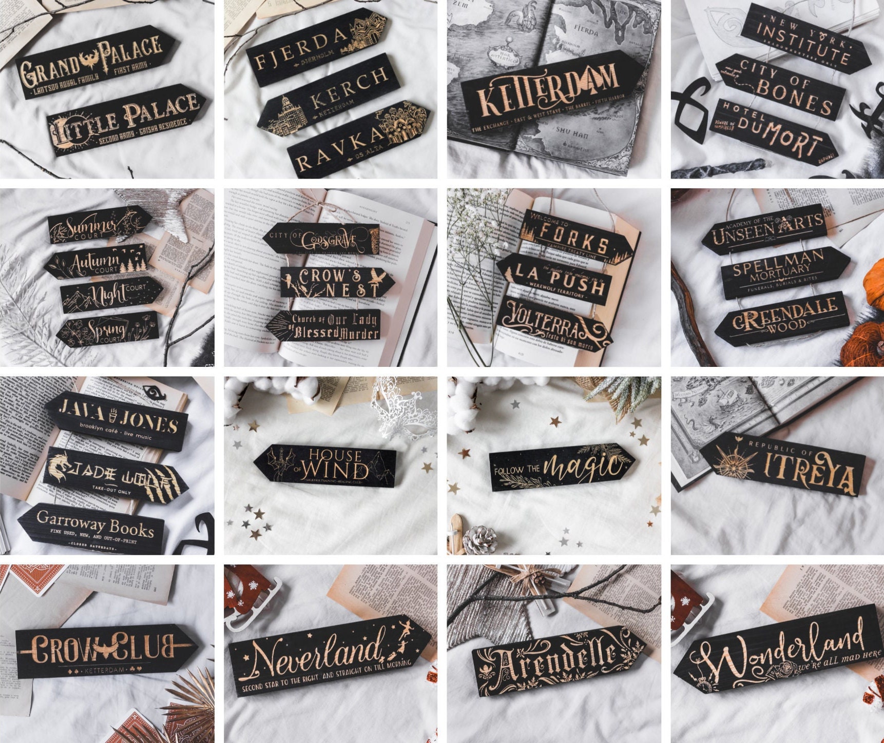 Standing Wooden Signposts, laser engraved, literary places inspired by literature: ACOMAF, Six of Crows, Nevernight...