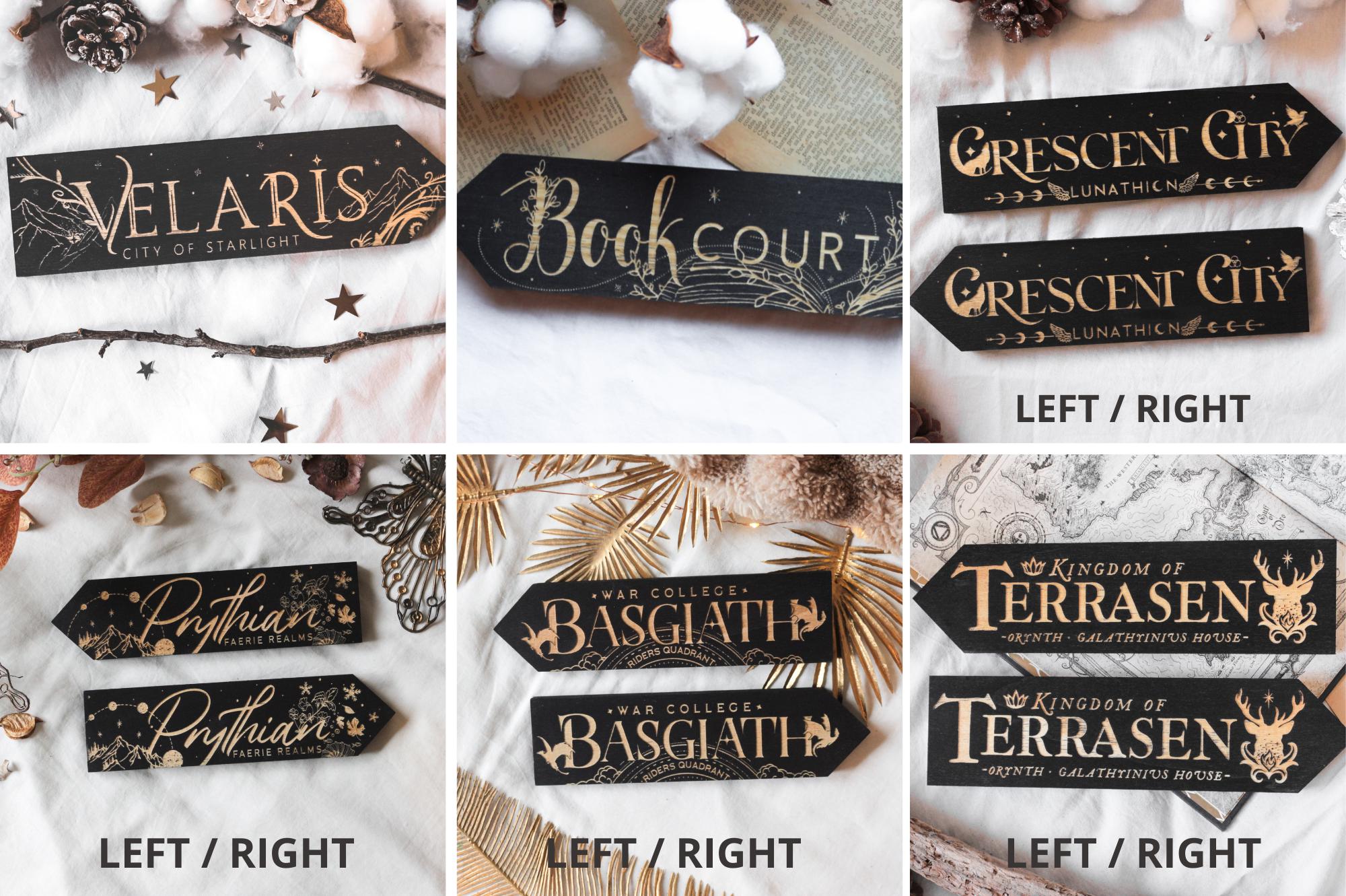 Standing Wooden Signposts, laser engraved, literary places inspired by literature: ACOMAF, Six of Crows, Nevernight...
