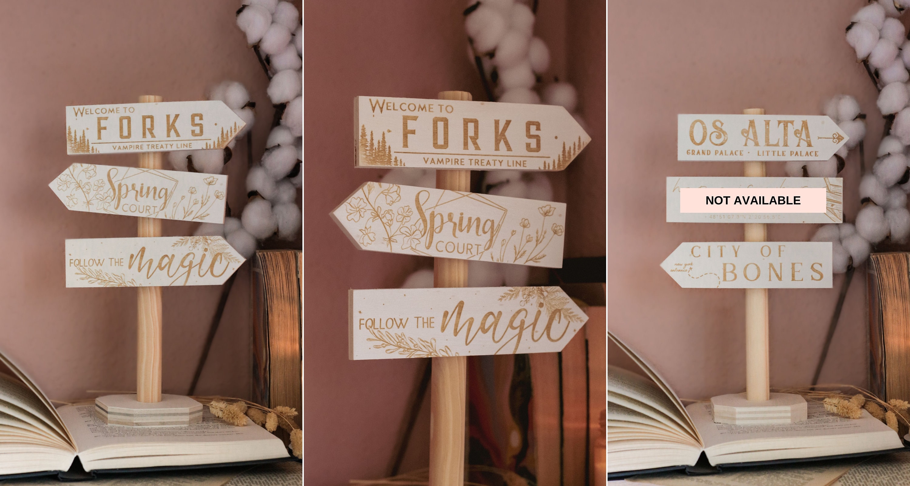 Standing Wooden Signposts, laser engraved, literary places inspired by literature: ACOMAF, Six of Crows, Nevernight...