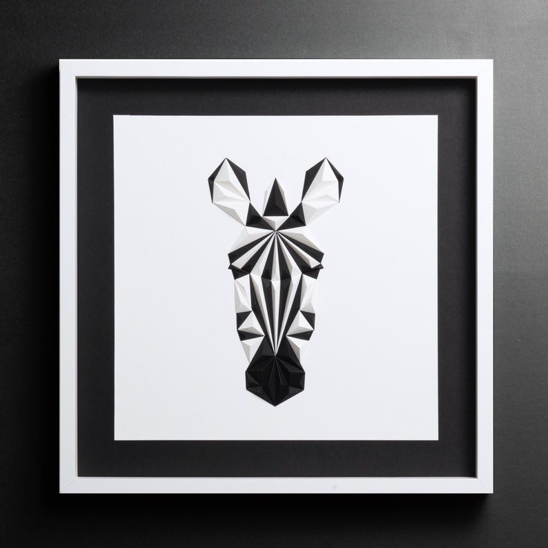 ZEBRA PORTRAIT Paper Artwork, 50x50 cm, Modern Wall Art, Black White Painting, Geometric Artwork image 6