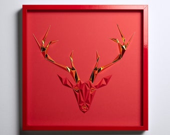 GOLDEN ANTLERS | Christmas Edition | 52x52cm, Modern Artwork, Christmas Decor, Red Artwork