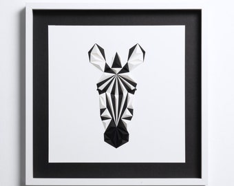 ZEBRA PORTRAIT - Paper Artwork, 50x50 cm, Modern Wall Art, Black White Painting, Geometric Artwork