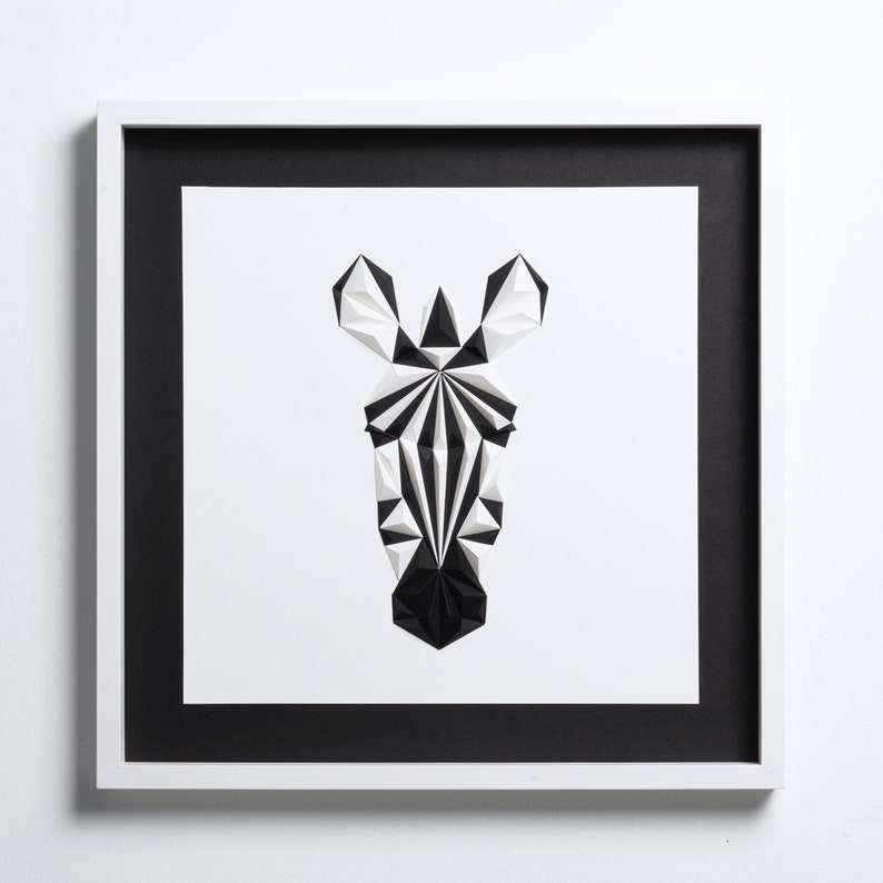 ZEBRA PORTRAIT Paper Artwork, 50x50 cm, Modern Wall Art, Black White Painting, Geometric Artwork image 1