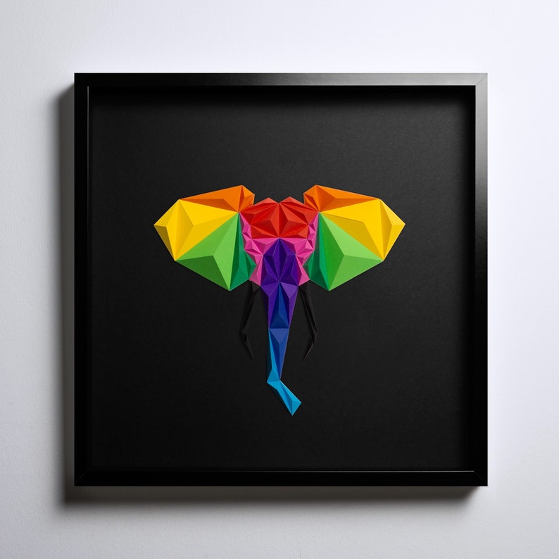 ELEPHANT ARTWORK, Paper Art, Black Wall Art, Rainbow, Housewarming Gift, Modern Home Decor image 3