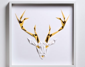 GOLDEN ANTLERS, White Gold, Paper Artwork, 50x50 cm, Modern Wall Decor, Minimal, Geometric