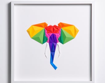 ELEPHANT - Multicolor White, Paper Artwork, 3d Wall Art, Geometric Art