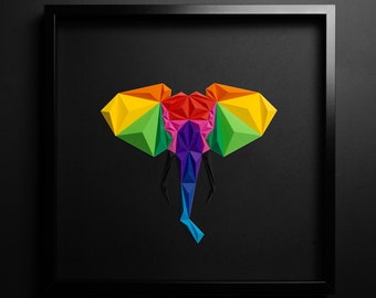 ELEPHANT ARTWORK, Paper Art, Black Wall Art, Rainbow, Housewarming Gift, Modern Home Decor