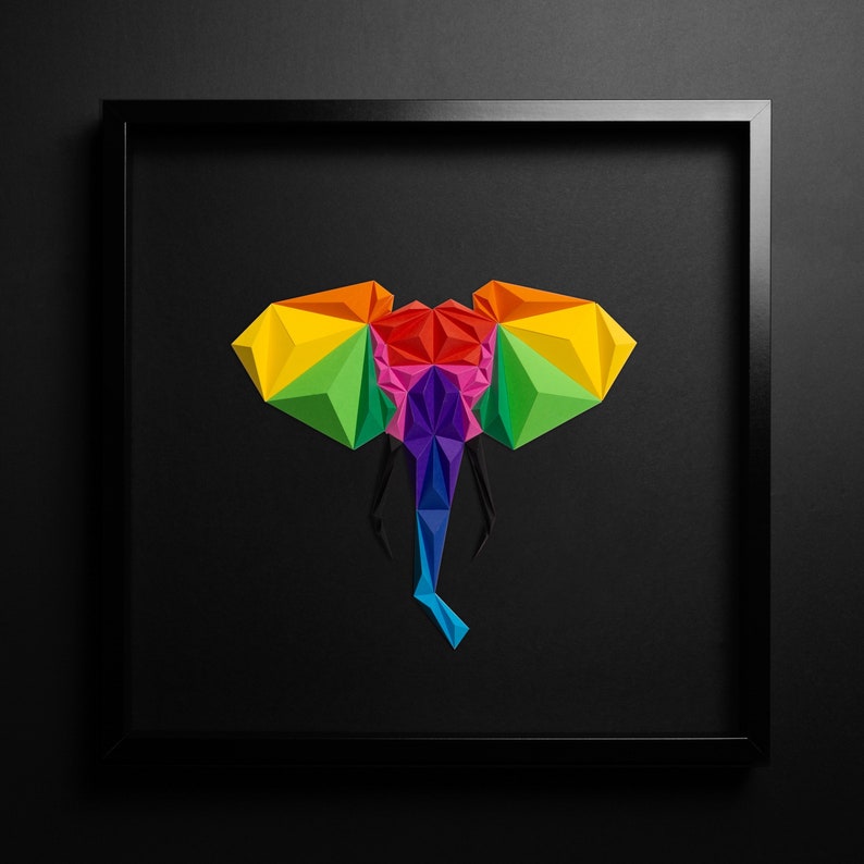 ELEPHANT ARTWORK, Paper Art, Black Wall Art, Rainbow, Housewarming Gift, Modern Home Decor image 1