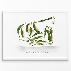 Mapa del campo de golf de Chambers Bay/Washington, regalos de arte de golf personalizados para decoración de pared para hombres, impresión de acuarela personalizada