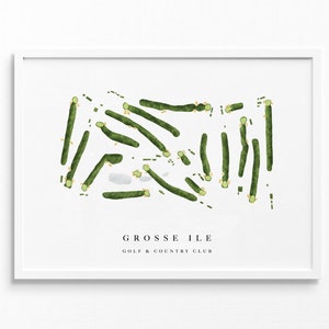 Golf- en countryclub Grosse Ile | Michigan | Golfbaankaart, gepersonaliseerde golfkunstcadeaus voor mannen Muurdecoratie, aangepaste aquarelafdruk