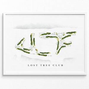 May include: A watercolor illustration of a golf course layout with green fairways and sand traps. The text "LOST TREE CLUB" is printed below the image.
