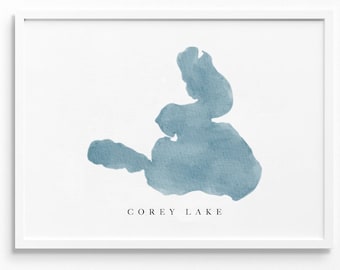 Corey Lake | Michigan | Watercolor Lake Map Gift, Lake House Decor, Personalized Art Wedding Gift, Custom Travel Painting, Art Print