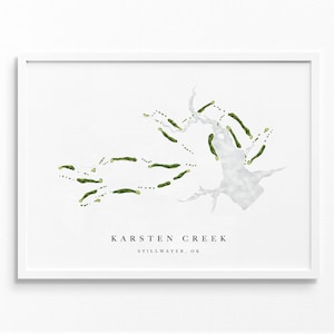 Karsten Creek Golf Club | Stillwater, OK | Golfbaankaart, gepersonaliseerde golfkunstcadeaus voor mannen Muurdecoratie, aangepaste aquarelafdruk