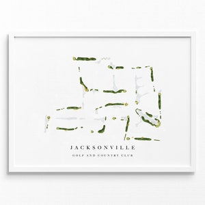 Jacksonville Golf and Country Club / Jacksonville, FL / Mappa del campo da golf, regalo decorativo per golfisti, layout del campo / Stampa artistica in stile acquerello
