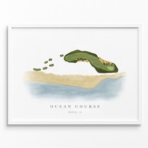 Hole 18 bij The Ocean Course, Kiawah Island | Golfbaankaart, golferdecorcadeau, huwelijkscadeau | Fine Art-afdruk in aquarelstijl