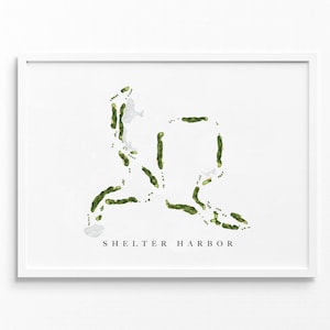 Shelter Harbor-golfclub | Charlestown, RI | Golfbaankaart, gepersonaliseerde golfkunstcadeaus voor mannen Muurdecoratie, aangepaste aquarelafdruk