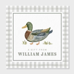Enten-Aquarell-Visitenkarten | Personalisierte Geschenkanhänger, Beilagenkarte, Stockenten Enten Kunstwerk, Salbei grün kariert für Jungen Party | Quadrat 9 cm