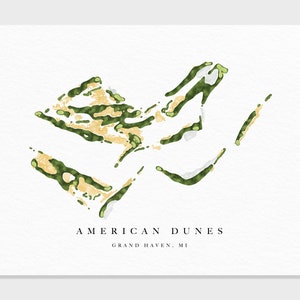 Dunas Americanas | Grand Haven, MI | Mapa do Campo de Golfe, Presentes de Arte de Golfe Personalizados para Decoração de Parede Masculina, Impressão em Aquarela Personalizada