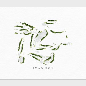 May include: A watercolor illustration of a golf course layout with green fairways and white sand traps. The text "IVANHOE" is printed below the illustration.