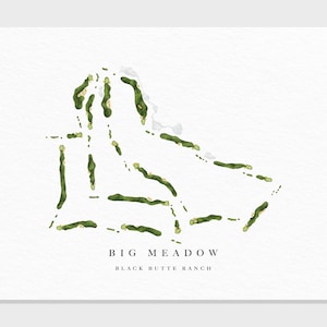 May include: A watercolor illustration of a golf course layout called "Big Meadow" at Black Butte Ranch. The green course is outlined in white and dotted with yellow flowers.