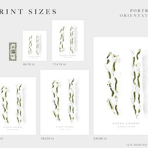 May include: A graphic illustration of a golf course layout, with green and beige lines representing the holes. The image is available in five different sizes: 8x10 inches, 11x14 inches, 16x20 inches, 18x24 inches, and 24x36 inches. The text "OCEAN COURSE KIAWAH ISLAND" is printed below the illustration.