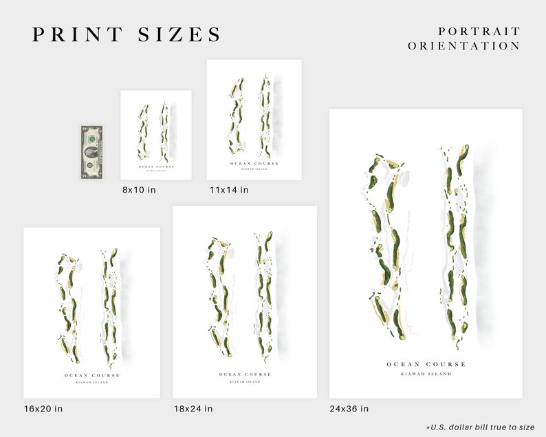 May include: A graphic illustration of a golf course layout, with green and beige lines representing the holes. The image is available in five different sizes: 8x10 inches, 11x14 inches, 16x20 inches, 18x24 inches, and 24x36 inches. The text "OCEAN COURSE KIAWAH ISLAND" is printed below the illustration.