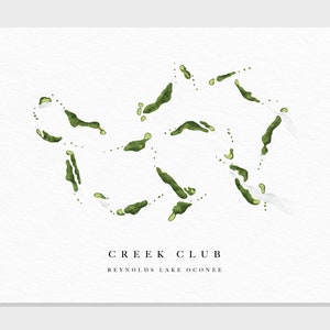 Club du ruisseau | Lac Reynolds Oconee | Carte du parcours de golf, cadeaux d'art de golf personnalisés pour homme, décoration murale, impression aquarelle personnalisée