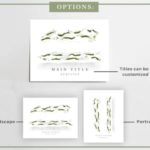 May include: A digital illustration of a golf course with green grass and white sand traps. The image is available in landscape and portrait orientations. The text "MAIN TITLE SUBTITLE" is displayed below the golf course.