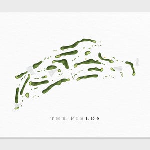 May include: Watercolor print of a golf course layout, featuring green fairways and white bunkers against a white background. The text "THE FIELDS" is printed in black at the bottom of the image. The artwork has a minimalist style.
