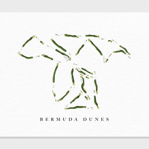 May include: A white background with a green outline of a golf course. The text "BERMUDA DUNES" is at the bottom of the image.