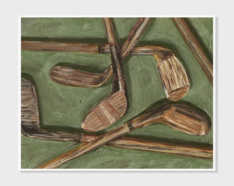 May include: A close-up of five wooden golf clubs with brown and green paint. The clubs are arranged in a haphazard manner on a green background.