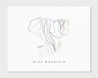 Puede incluir: Un dibujo de línea de una montaña con pistas de esquí en azul, verde, rojo y negro. El texto "BLUE MOUNTAIN" está en la parte inferior de la imagen.