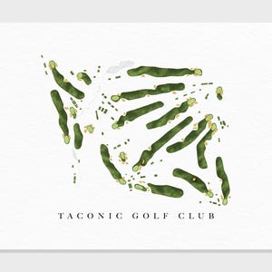 Puede incluir: Una ilustración verde y blanca de un diseño de campo de golf con el texto "TACONIC GOLF CLUB".