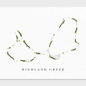 Highland Creek-golfclub | Charlotte, NC | Golfbaankaart, gepersonaliseerde golfkunstcadeaus voor mannen Muurdecoratie, aangepaste aquarelafdruk