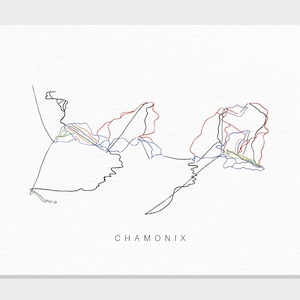 Chamonix Mont-Blanc | Frankrijk | Skigebied parcours kaart cadeau berg ski decor, gepersonaliseerde familie reizen winteravontuur, kunstafdruk