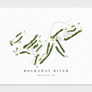 May include: A watercolour illustration of a golf course layout, with green and white colours. The text "ROCKAWAY RIVER" and "DENVILLE, NJ" is printed below the illustration.