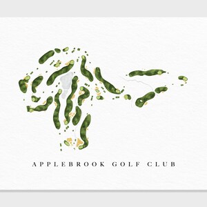May include: A watercolor-style map of Applebrook Golf Club, featuring green fairways and roughs, with sand traps and water hazards. The course layout is set against a white background, with the club's name printed in a simple font.