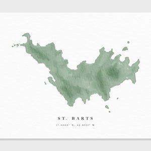 Mapa de acuarela de la isla de San Bartolomé / Gustavia, Eden Rock, Cheval Blanc, vacaciones en el Caribe, regalo de viaje de bodas, impresión de bellas artes