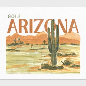 Golf Arizona / Pintura de acuarela / Campo de golf en el desierto con cactus y horizonte de Arizona, regalo / Impresión de bellas artes