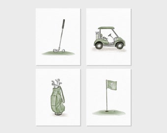 Watercolor Golf Art | Golf Cart, Flag, Club and Golf Bag | Golf Theme Wall Decor, Sage Green, Baby Nursery Gift, Kids Room | Prints UNFRAMED