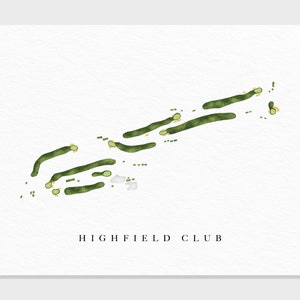 Può includere: Un'illustrazione ad acquerello di un layout di campo da golf con colori verdi e gialli. Il testo "HIGHFIELD CLUB" è in basso nell'immagine.