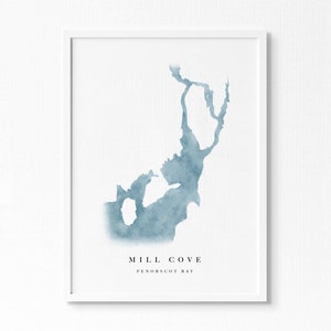 Mill Cove / Penobscot Bay, ME / Mappa del lago acquerello regalo, decorazione della casa sul lago, regalo di nozze d'arte personalizzato, dipinto di viaggio personalizzato, stampa artistica