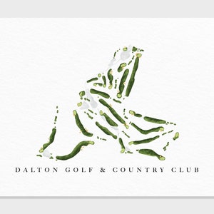 Puede incluir: Una ilustración de acuarela de un campo de golf con el texto "DALTON GOLF & COUNTRY CLUB".