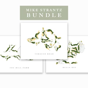 Mike Strantz-bundel | Tobacco Road, Bulls Bay, Tot Hill Farm | Set van 3 aquarelkleuren golfbaankaartafdrukken INGELIJSTE