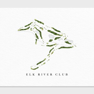 May include: A watercolor illustration of a golf course layout with green and white colors. The text "ELK RIVER CLUB" is at the bottom of the image.